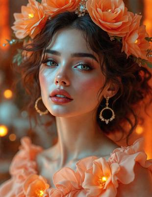 The primary subject of the image is a woman wearing a flower crown and earrings. She is posing for the camera with a beautiful and elegant expression. The setting is a room with a backdrop of lights, creating a warm and inviting atmosphere. The visual style is a close-up portrait, showcasing the woman's features and the intricate details of her flower crown. The colors and mood of the image are predominantly warm and vibrant, with the woman's outfit and the lighting contributing to a sense of joy and celebration.